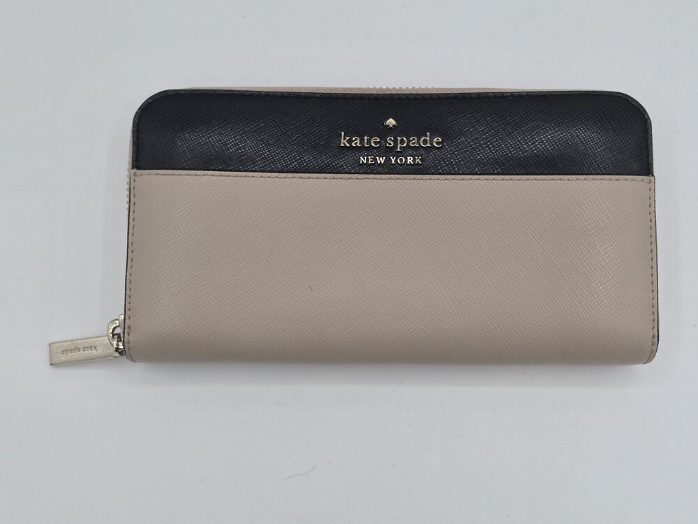 Kate Spade New York Saffiano Leather Zip Around Wallet Black Beige Gold